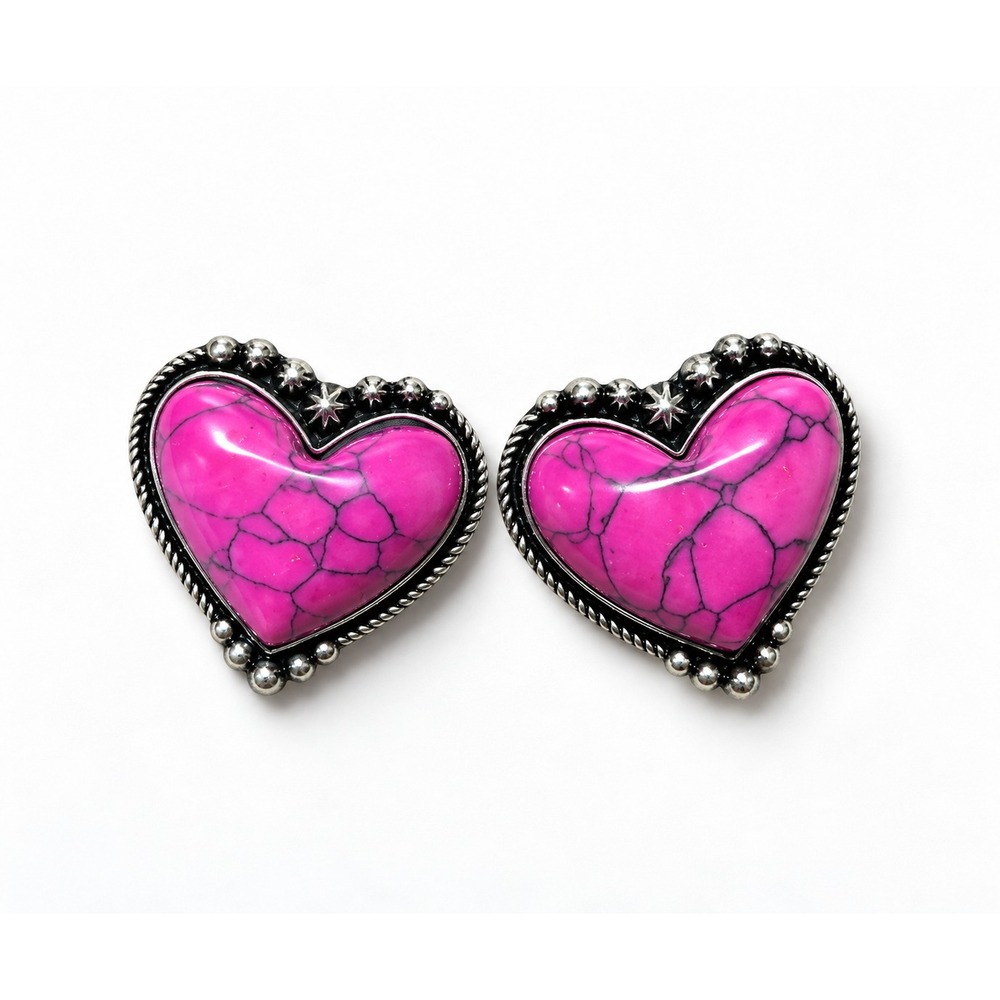Western Heart Stud Earrings Pink Howlite Stone Silver Concho Cowgirl Jewelry